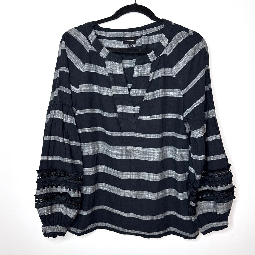 Who What‎ Wear Black Gray Striped V-Neck Long Sleeve Crochet Top Medium Boho